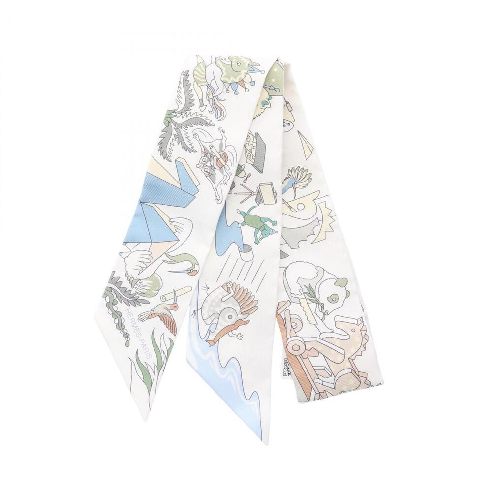 Hermes Twilly Academia Hippica Ribbon Scarf Muffler Silk Women's White Multic...